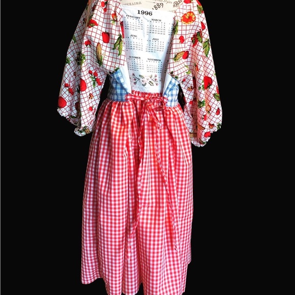 Handmade vintage tea towel dress puff sleeve midi cotton shabby art to wear boho - Picture 2 of 5